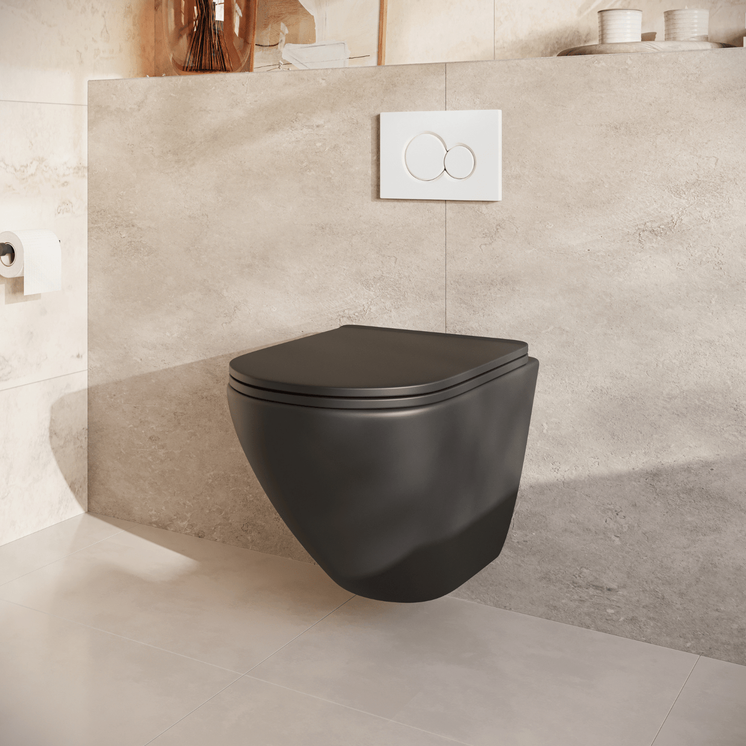 Hangtoilet met Inbouwreservoir - Rond Zwart - Drukplaat Rond Wit - Linea - lomazoo.com