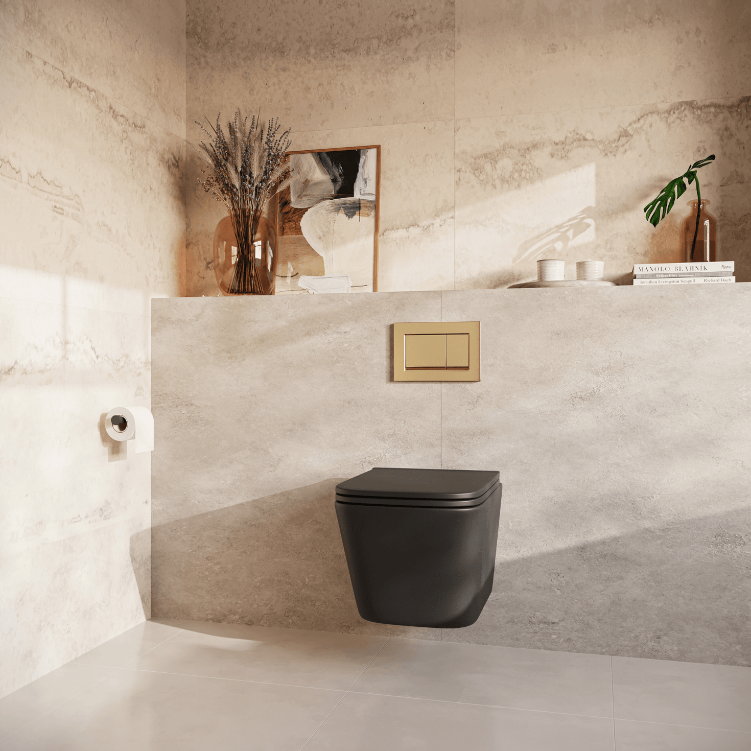 Hangtoilet met Inbouwreservoir - Vierkant Zwart - Drukplaat Vierkant Goud - Linea - lomazoo.com