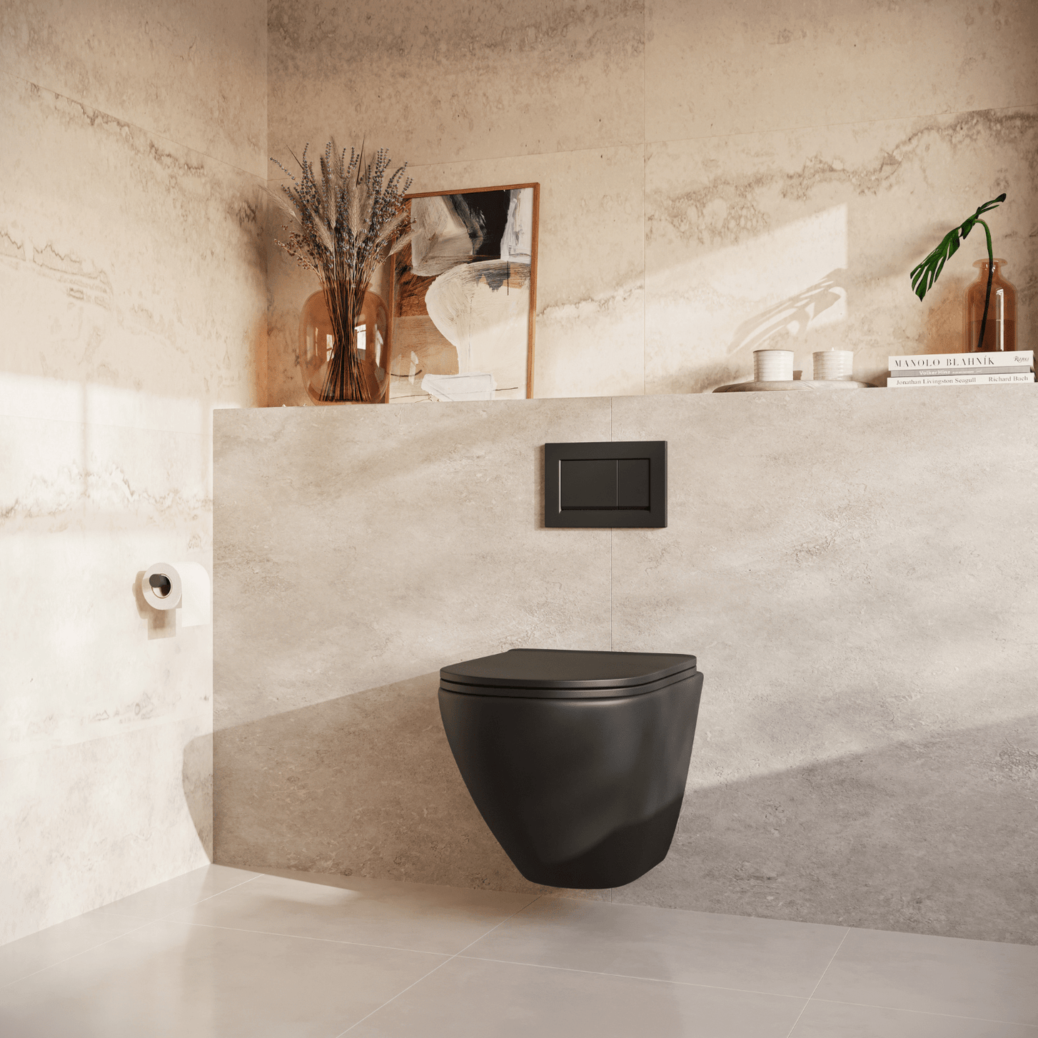Hangtoilet met Inbouwreservoir - Rond Zwart - Drukplaat Vierkant Zwart - Linea - lomazoo.com