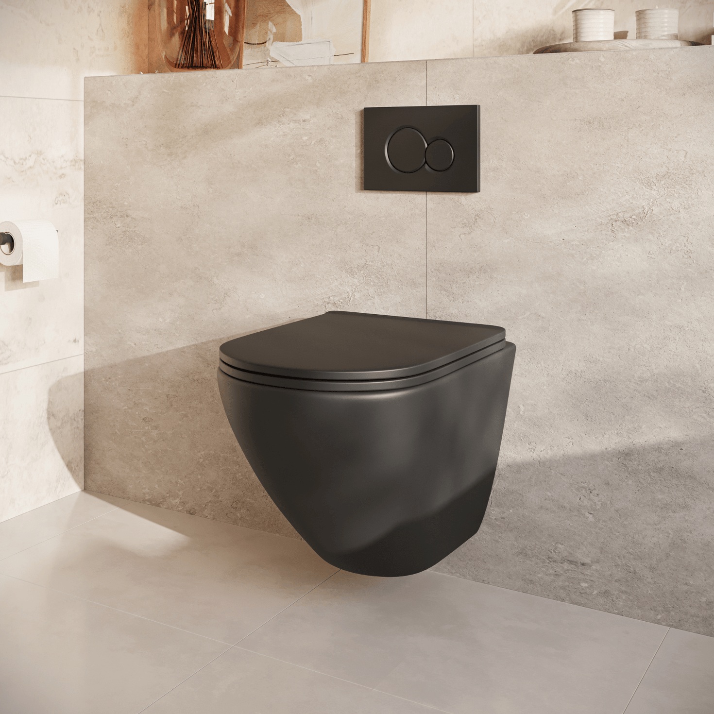 Hangtoilet met Inbouwreservoir - Rond Zwart - Drukplaat Rond Zwart - Linea - lomazoo.com