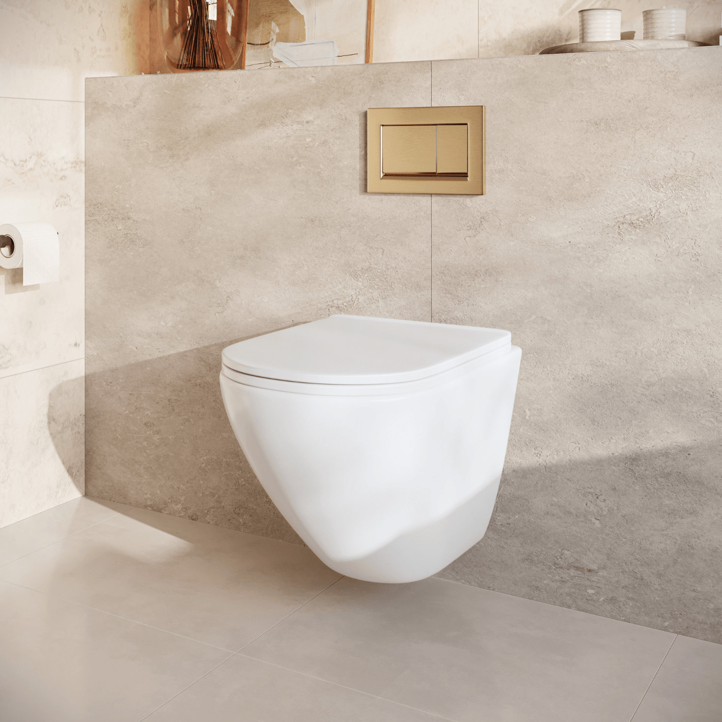 Hangtoilet met Inbouwreservoir - Rond Wit - Drukplaat Vierkant Goud - Linea - lomazoo.com