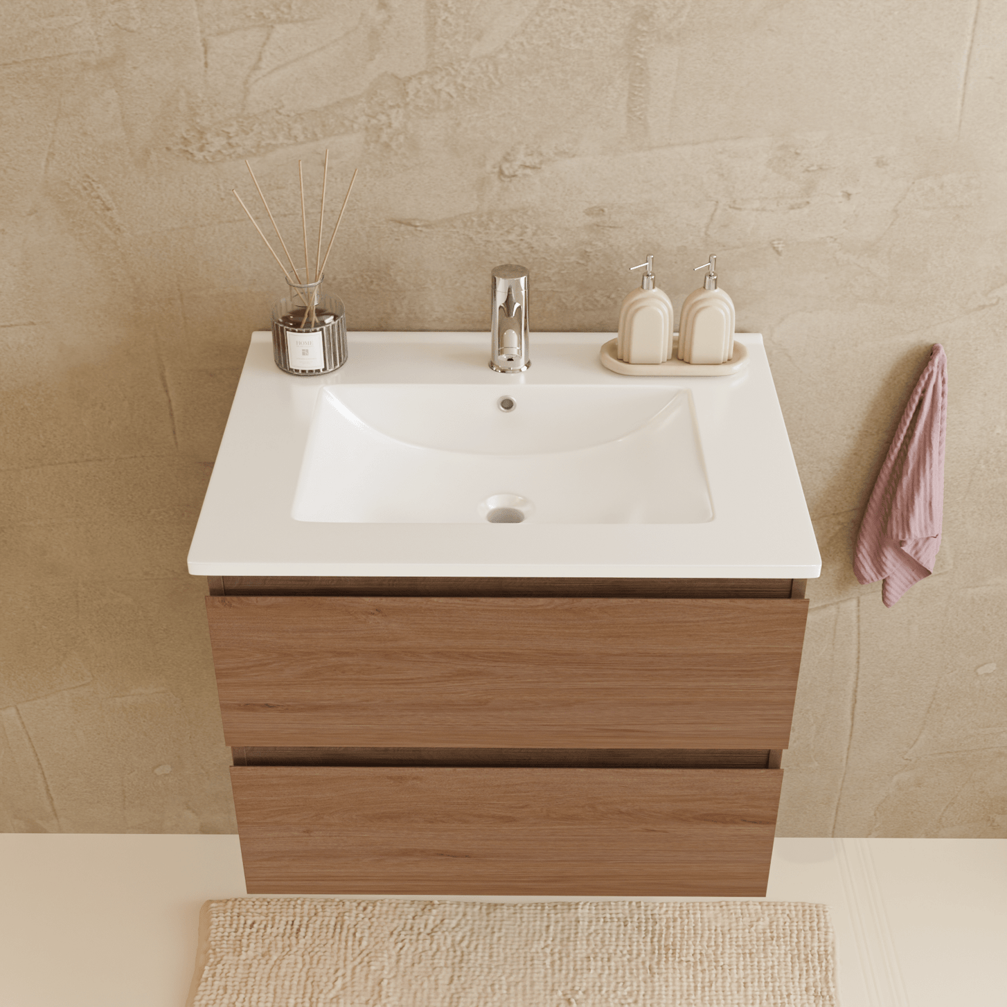 Badmeubelset VERONA 60 cm - Met Kolomkast - Warm Eiken - Wastafel Wit - lomazoo.com